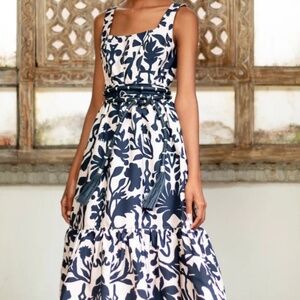 NWT $790 Andres Otalora Encanto Midi Dress In Navy Organic Shapes Print Size 2